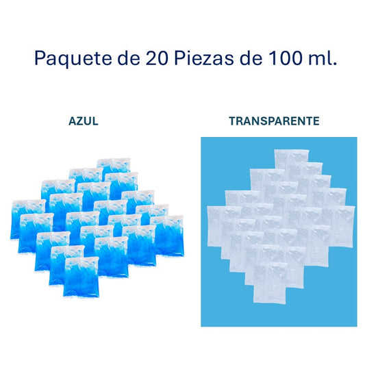 Ice Brick de 100 ml.  en bolsa, paquete de 20 piezas azul o transparente