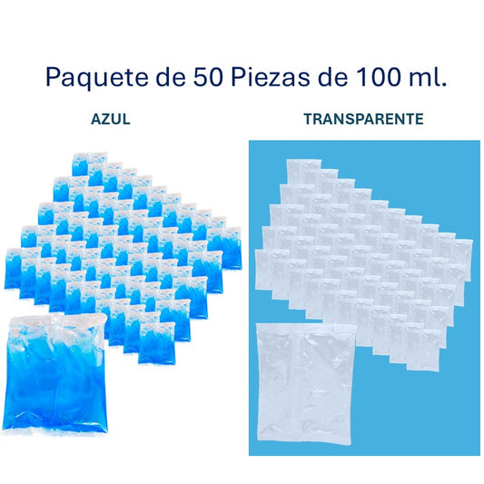 Ice Brick de 100 ml.  en bolsa, paquete de 50 piezas azul o transparente