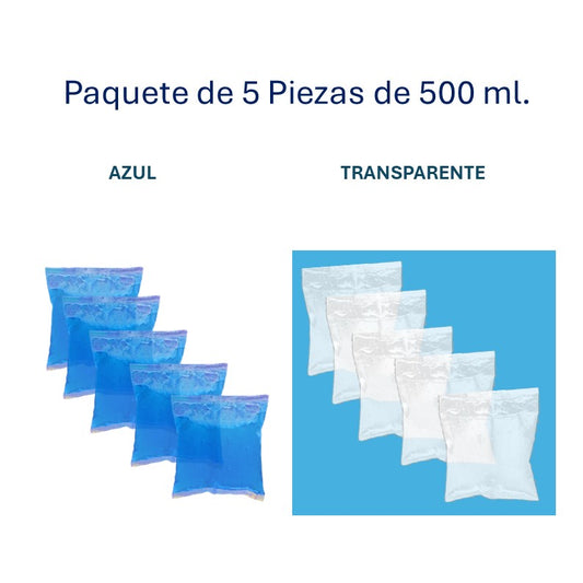 Ice Brick de 500 ml.  en bolsa, 5 piezas azul o transparente