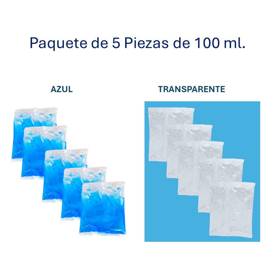 Ice Brick de 100 ml.  en bolsa, paquete de 5 piezas azul o transparente