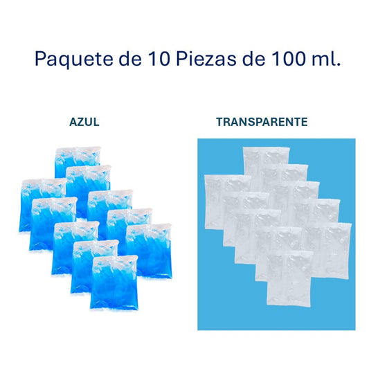 Ice Brick de 100 ml.  en bolsa, paquete de 10 piezas azul o transparente